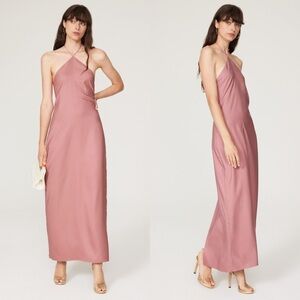 OBANDO 90s Rose Satin Sleeveless Open Back Halter V-Neck Sheath Maxi Dress 2